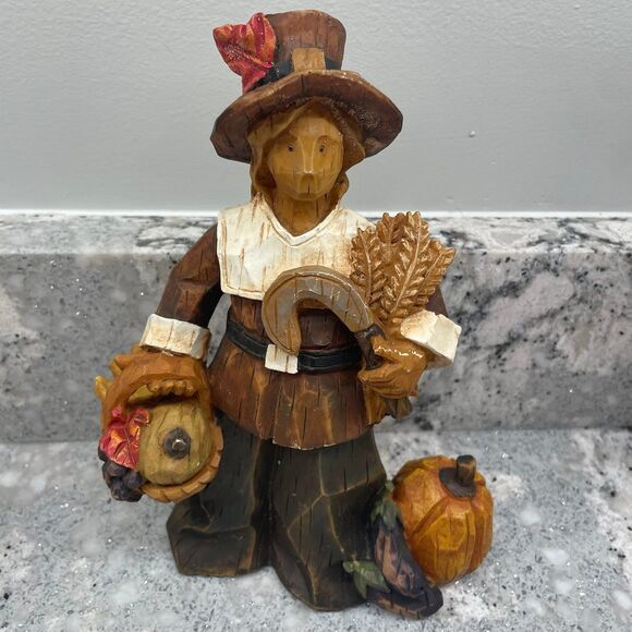 Pair of 8" Resin Cubist Style Pilgrims Thanksgiving Decor Fall Harvest Pumpkins - Picture 3 of 9